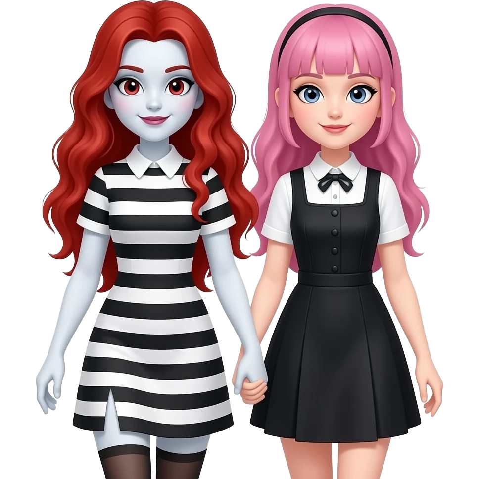 Vampiro femmina ADOLESCENTE con pelle bianca e capelli rosso ondulati lunghi che indossa un vestitino corto a strisce NERE e BIANCHE ORIZZONTALI e il colletto con le maniche corte e bianche che cammina a braccetto con la sua amica VAMPIRO femmina con la pelle bianca e i capelli rosa e frangia emoji