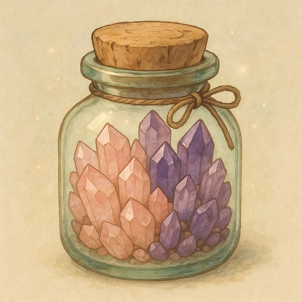 amethyst and rose quartz crystal pieces in a jar, natural colors, soft, fairy-like atmosphere, no background, square size emoji
