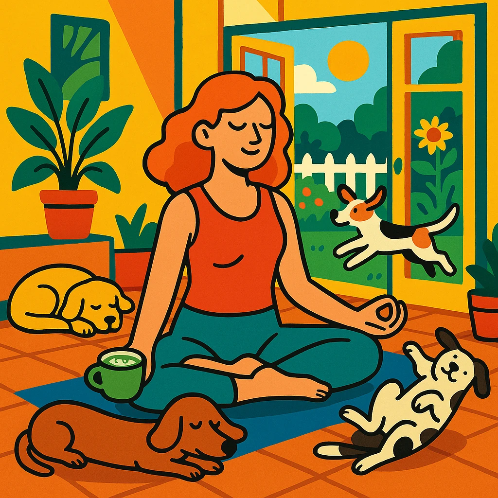 woman in a sunlit house with a garden, doing yoga, sipping matcha latte, dogs lounging and playing emoji
