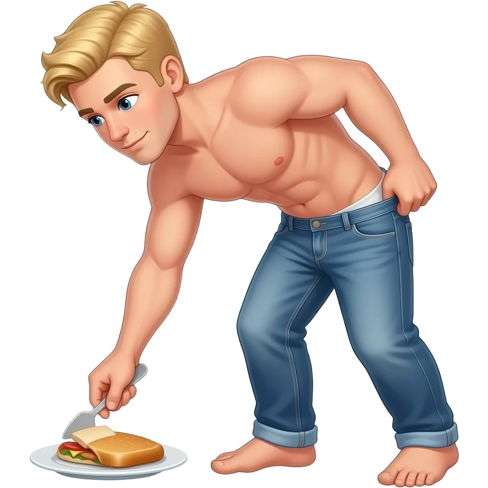 Man naked push pants blonde and pick food. emoji