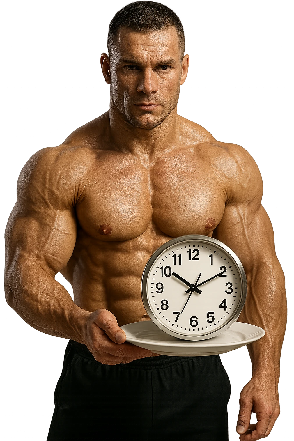 bodybuilder che ha un piatto in mano con un orologio che simboleggia il digiuno intermittente, iperrealistico 4k emoji