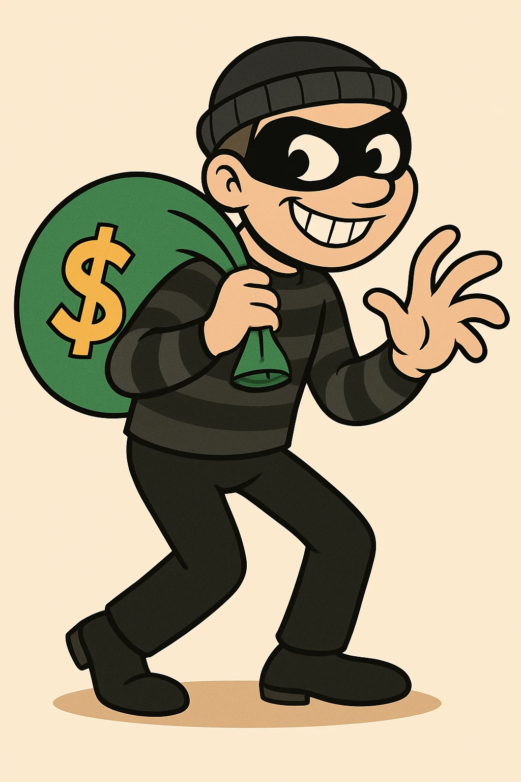 Add a bag of money to the classic burglar character, keeping the same flat toon style with vibrant colors and clear details consistent with the original image. emoji