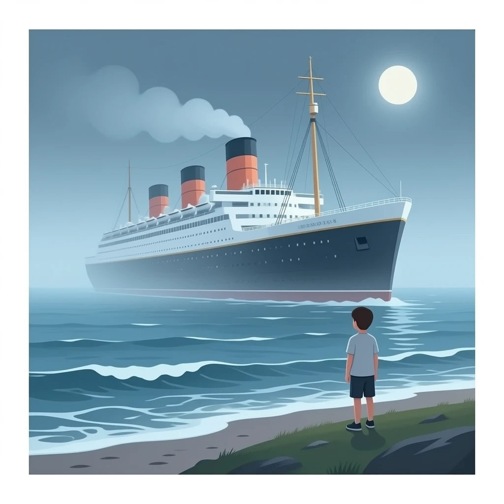 The ghostly ship The Queen Mary floats above the sea while a boy on the shore watches the scene - cut scene emoji