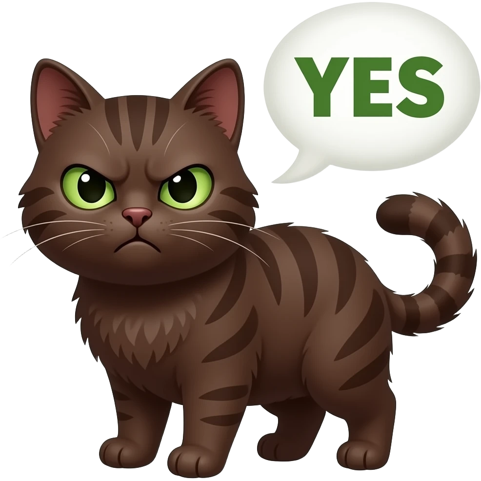 Cute annoyed grumpy dark brown scrunkly cat with green eyes saying “YES” in green letters with a speech bubble emoji