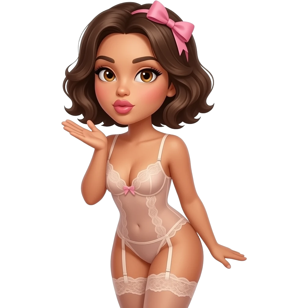 glamours,-tanned,-very-beautiful-woman-with-big-plump-rose-beige-lips,-long-lashes,-honey-silky-very short- hair,-wavy-hair,-with pink bow in hair -hazel-eyes-wearing-nude-lace-lingerie-nude-stilettos-Looks-sexy-winking-blowing-kiss-from-hand,-thighs-up emoji