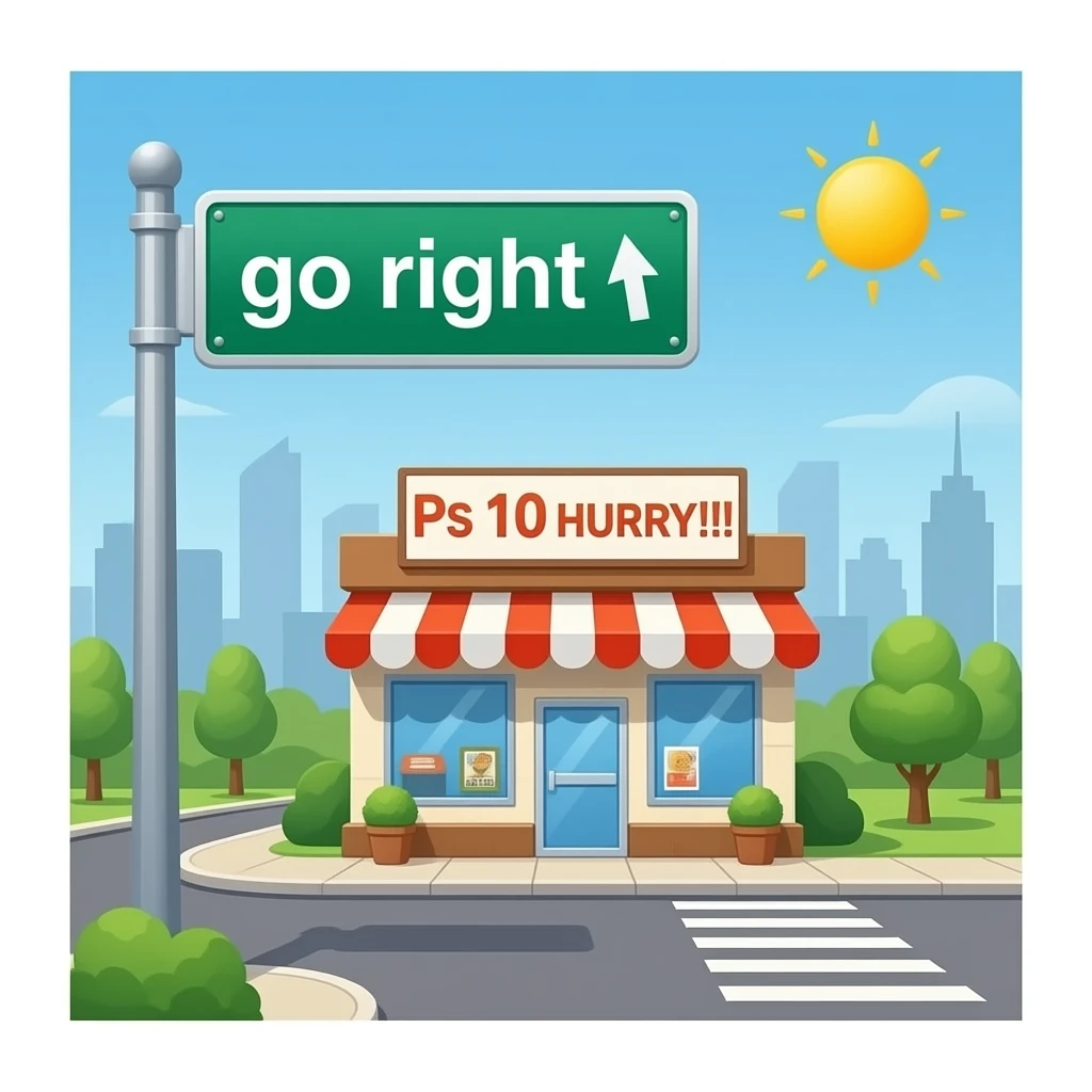 a sign that says go right and there is a store that has a PS 10 HURRY!!!! emoji