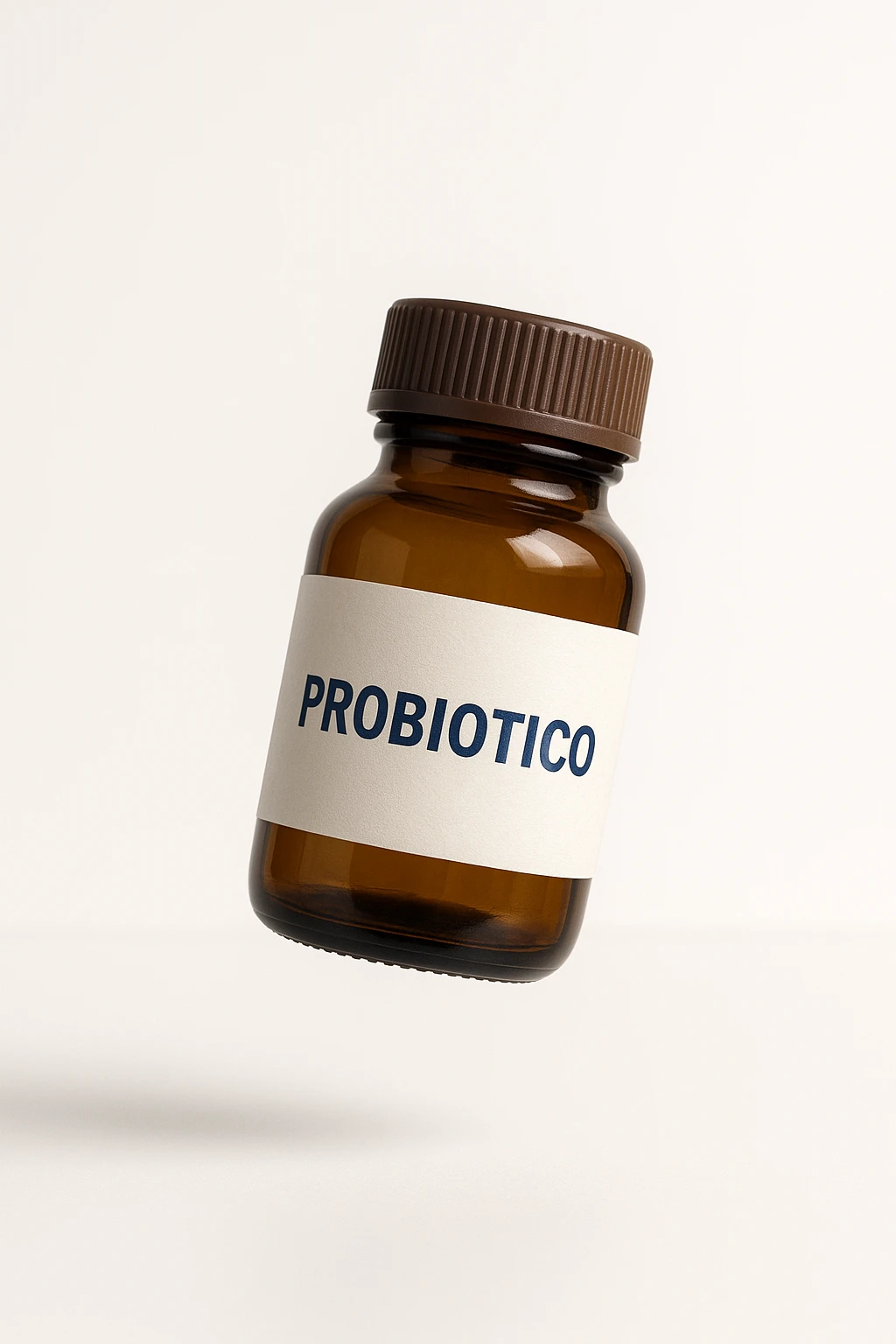 boccetta di probiotico con la scritta "PROBIOTICO" sull'etichetta fluttua in aria, realistica 4k sfondo bianco emoji