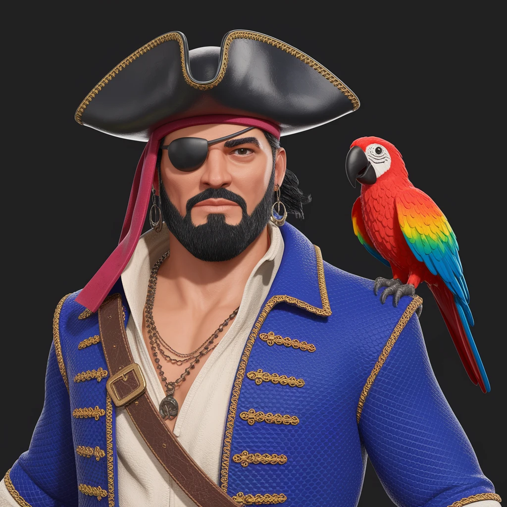 digital 2d art of pirate with eye patch and parrot emoji