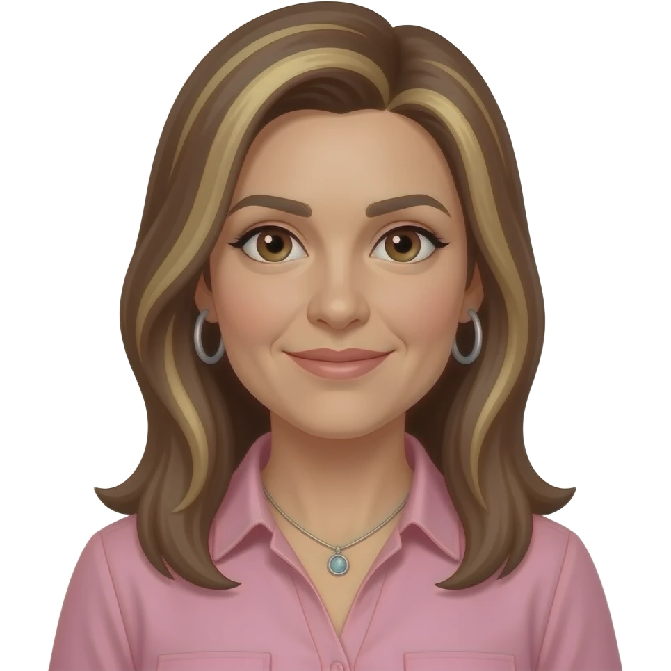 woman in 40s, italian looking with olive skin,with dark brown eyes, long straight brown hair to past the shoulders, with blonde highlights and side parting, all one length. Wearing  a pink shirt with hoop earrings and a necklace. emoji