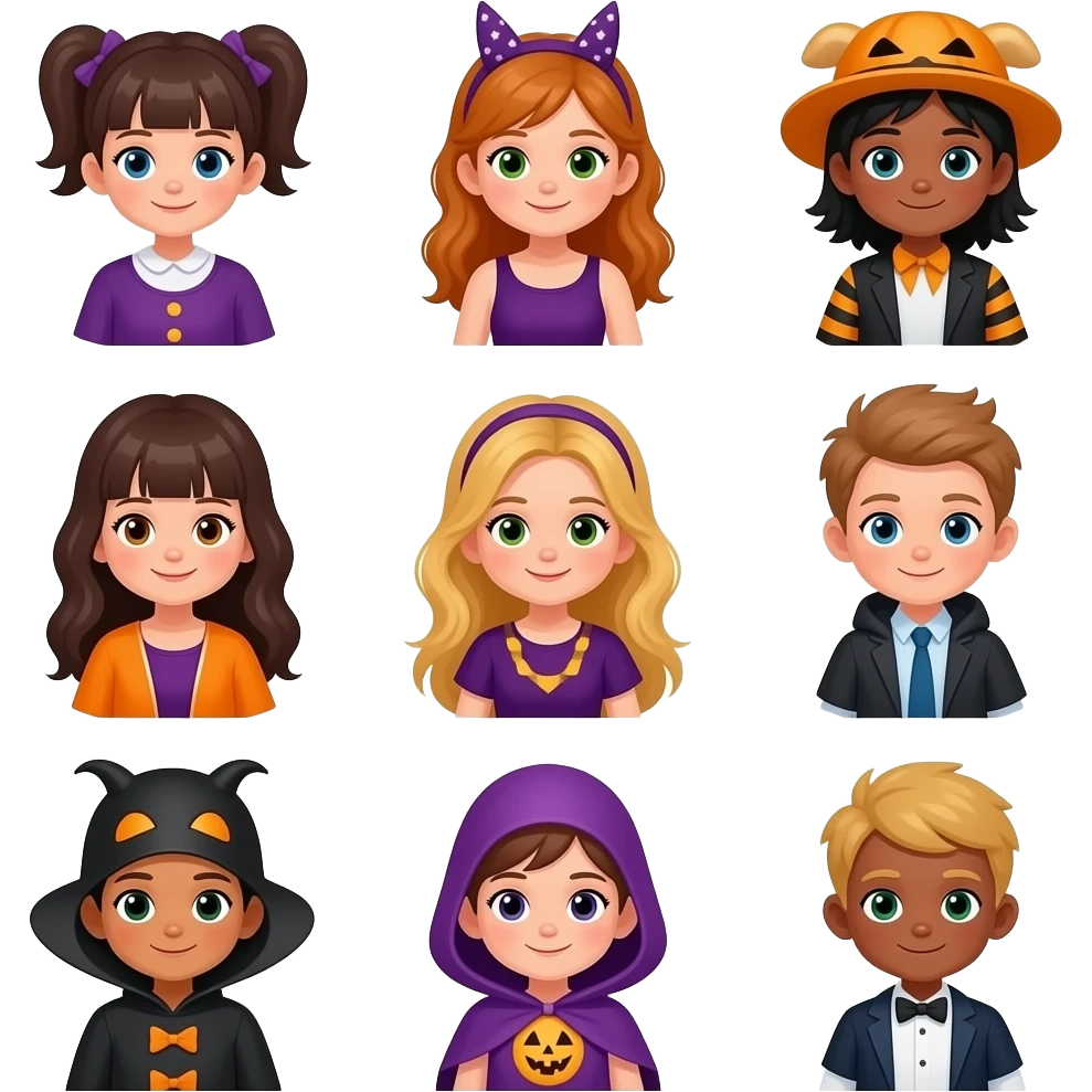 Halloween 10 kids of different races, 5 girls and 5 boys dressed up a in different costumes emoji