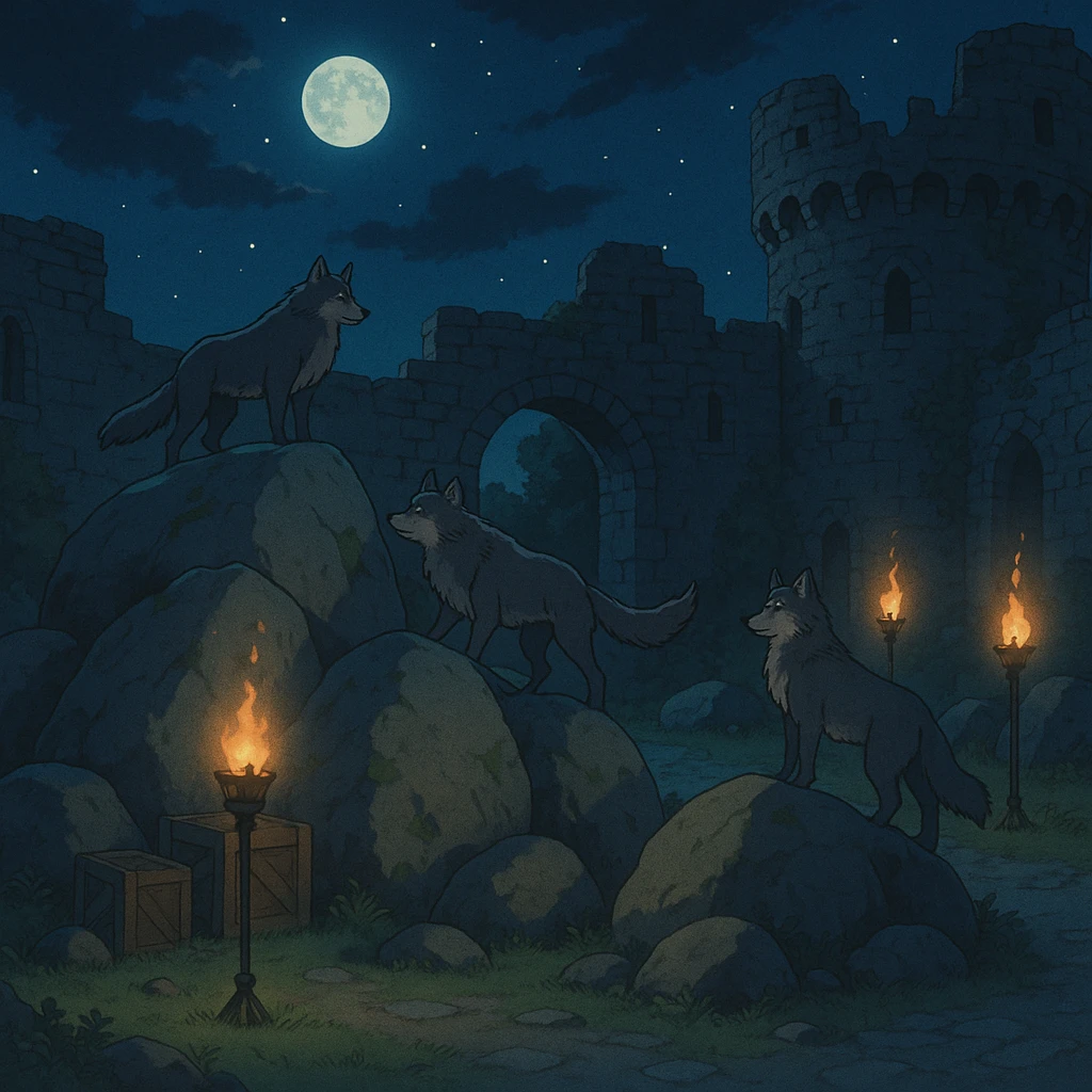 midnight within the ruins of abandoned castle yard, protrude boulders with climbing wolves, amid iron torches and crates tucked behind emoji