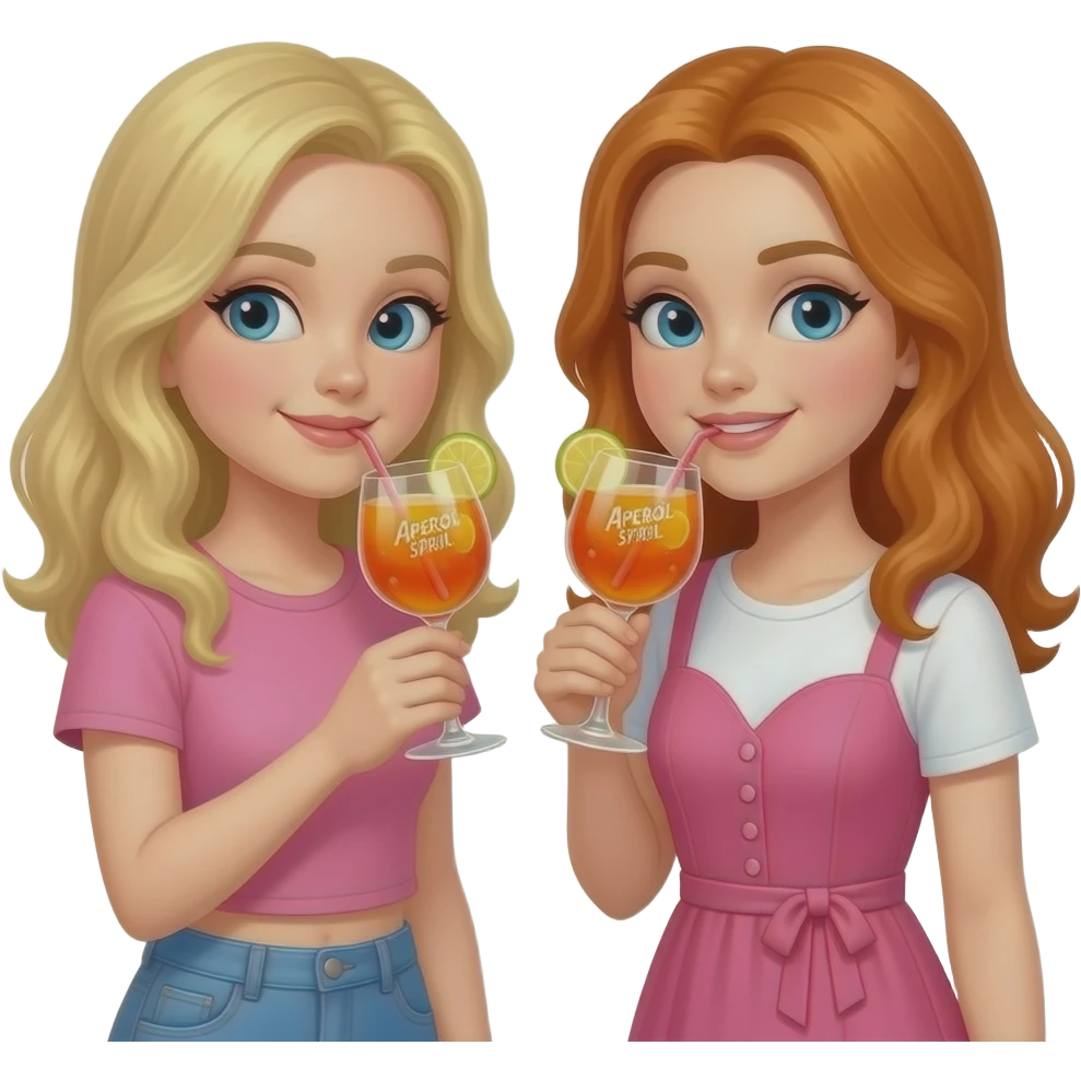 2 girls, one blonde and one ginger drinking Aperol spritz in a wine glass, one in pink top and one in pink dress, no table emoji