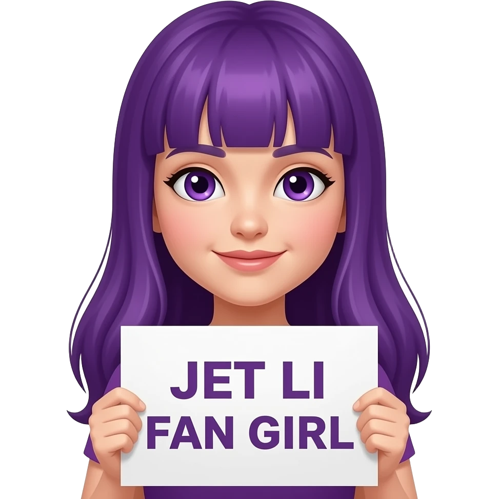 sexy girl with long purple hair and purple eyes holding JET LI FAN GIRLsign emoji