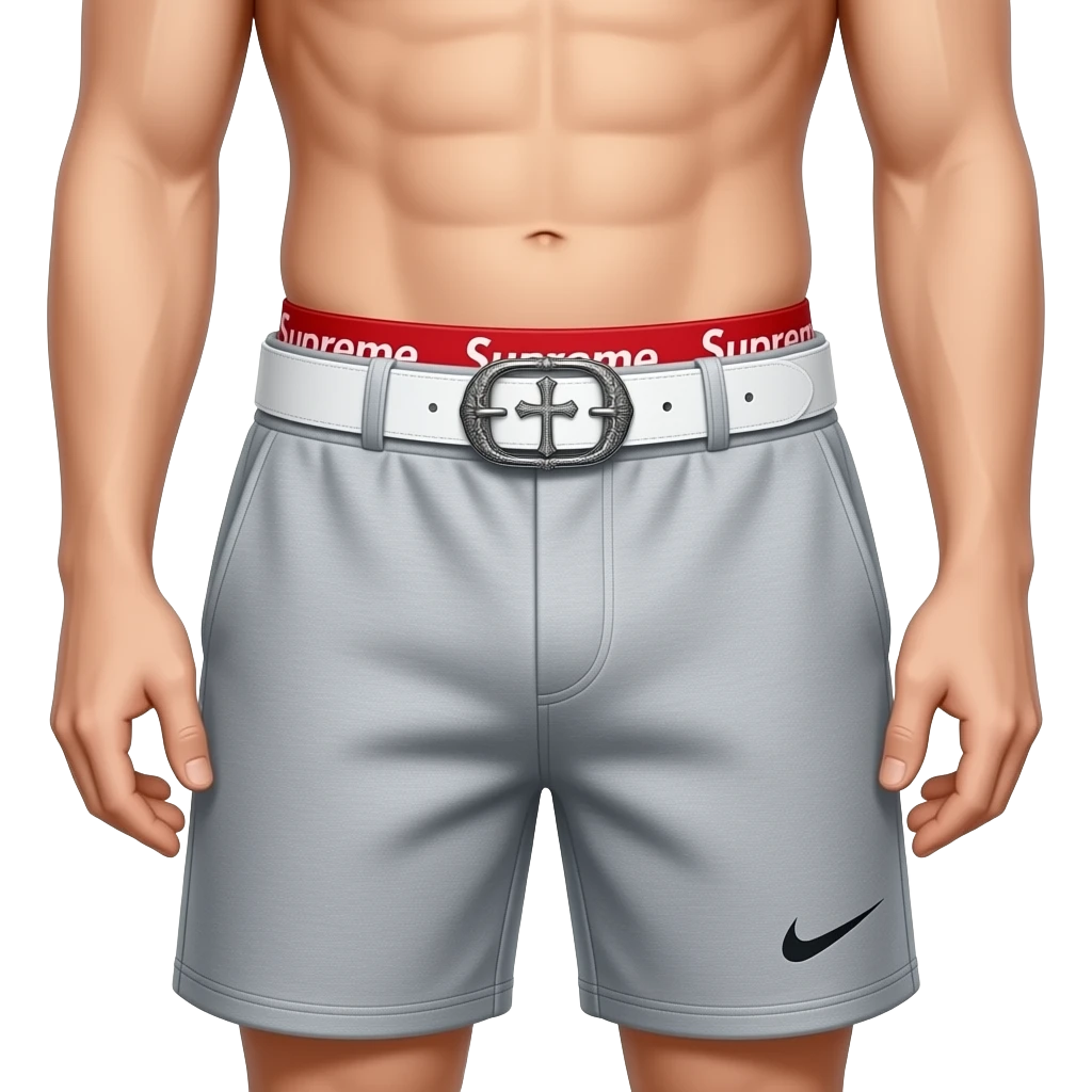 (waist to below knee) of asthenic male. Features a visible red Supreme boxer waistband above grey Nike Tech Fleece shorts. Secured by a detailed white leather Chrome Hearts style belt with an ornate silver oval filigree cross buckle emoji