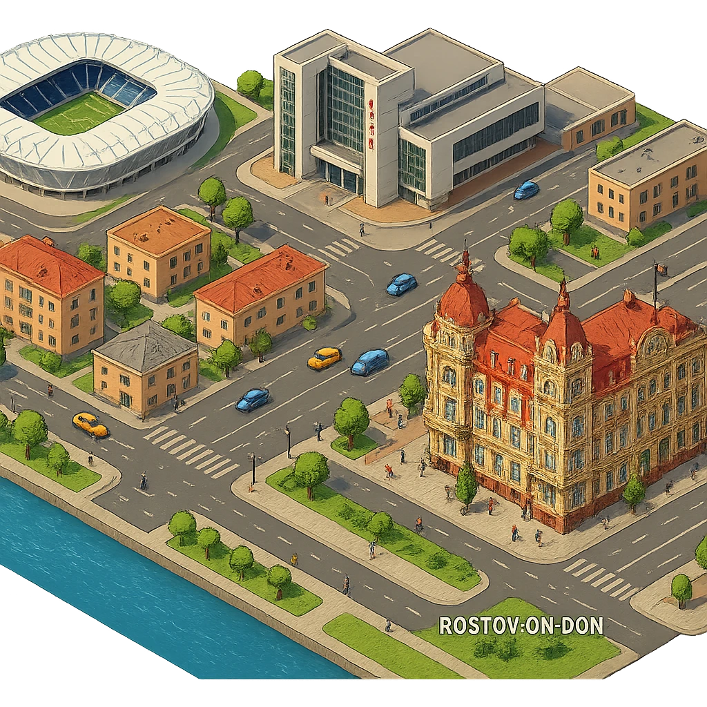 Изометричная чёткая миниатюрная фотореалистичная 3D модель панорамы Ростова-на-Дону — фотореалистичное Здание городской думы Ростова-на-Дону (Городской дом), Ростов-Арена, Ростовский театр драмы имени Горького, набережная Дона, люди, типичные ростовские дома, автотранспорт. Вид сверху в изометрии, яркие цвета, мультяшная рисованная реалистичность, прозрачный фон, компактная композиция. emoji