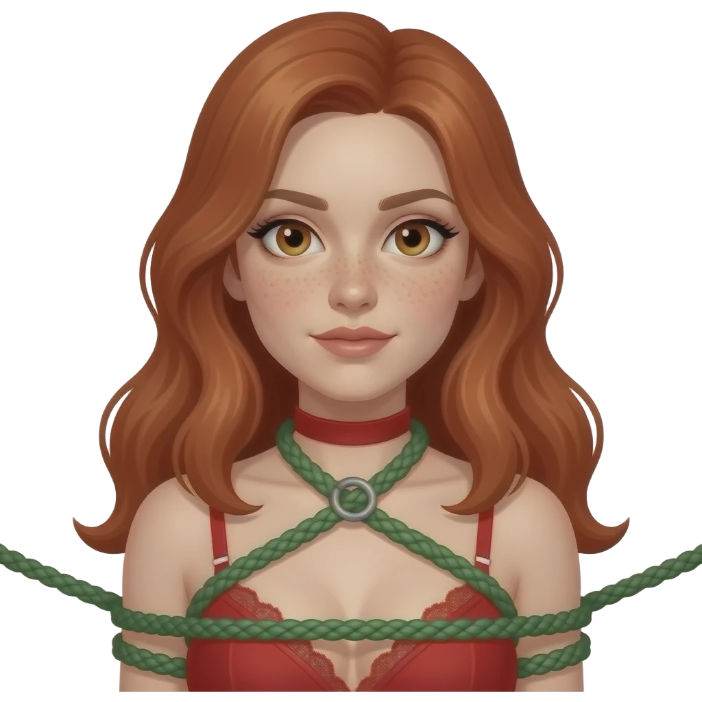 Light skin with freckles, long red hair, hazel eyes submissive, wearing red lingerie, red collar, and green rope hishi karada emoji