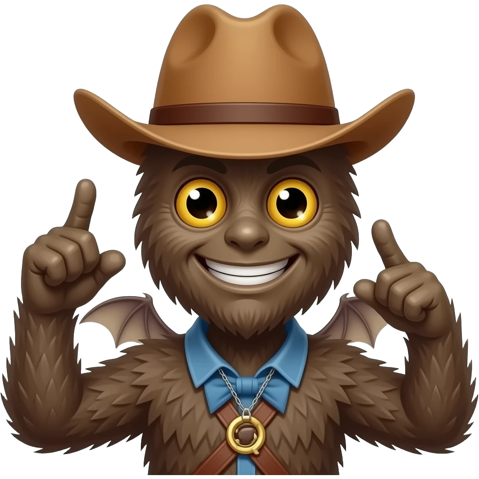 Mothman with a cowboy hat looking happy doing a pose emoji