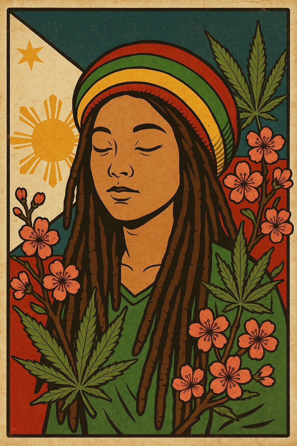 Vintage poster of an Asian Rasta woman with long dreadlocks, peaceful eyes, and a red-gold-green tam. Surrounded by cherry blossoms and ganja leaves. Background Asian flag. Retro reggae fusion vibe, with bold lines and aged paper texture. Philippines with the actual flag
 emoji