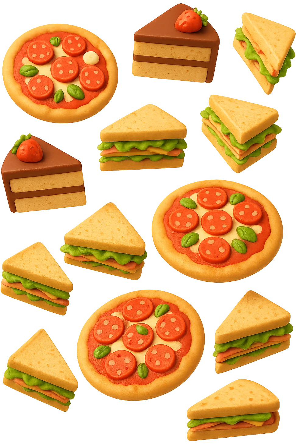 pizzette, fette di torta e panini, fluttuano in aria in 3d, sfondo bianco emoji