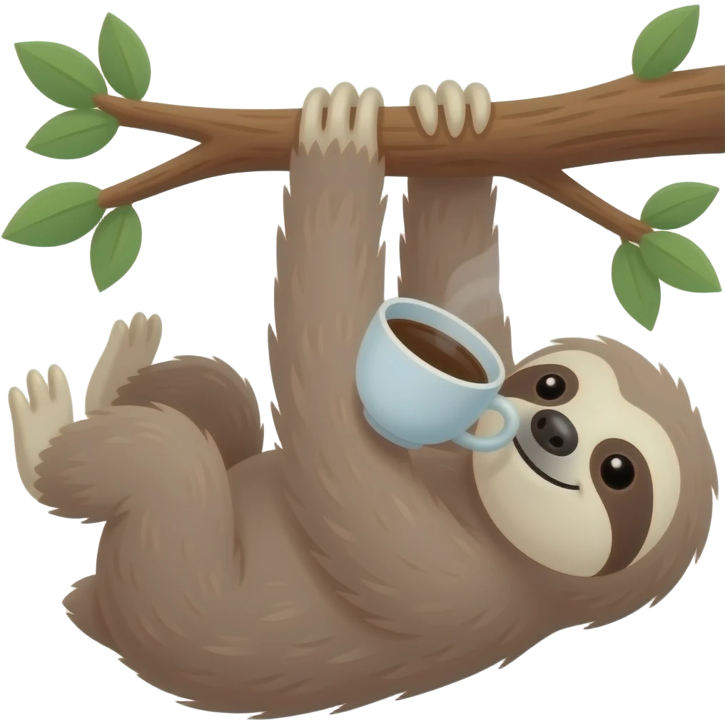 sloth morning coffee big tree branch hanging long arm emoji