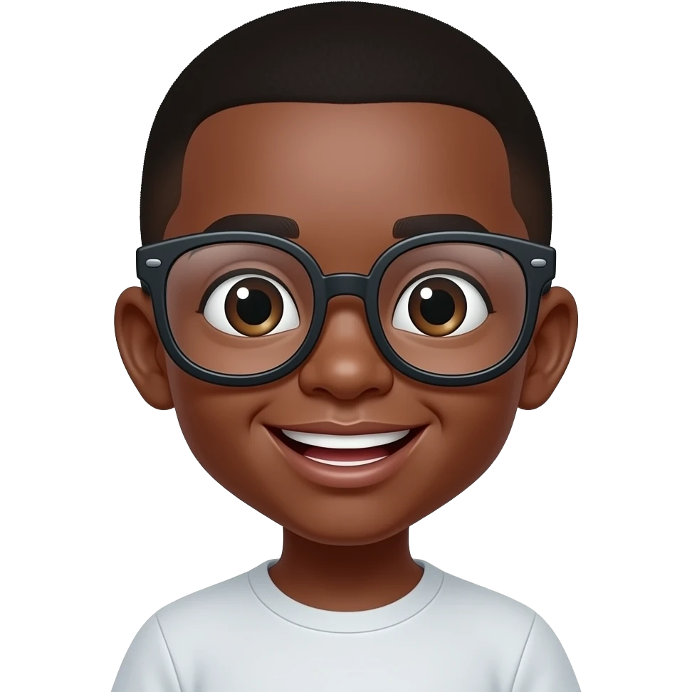 A Really Black child with a bowl cut, wearing magnifying glasses, smiling with his front teeth sticking out. emoji