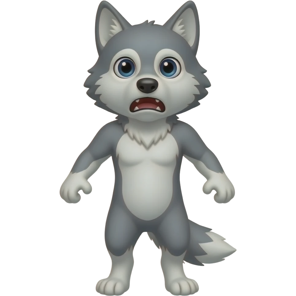 A small gray wolf standing upright, with human-like arms and legs, looking at us with a very terrified expression. The wolf’s body is entirely gray. emoji