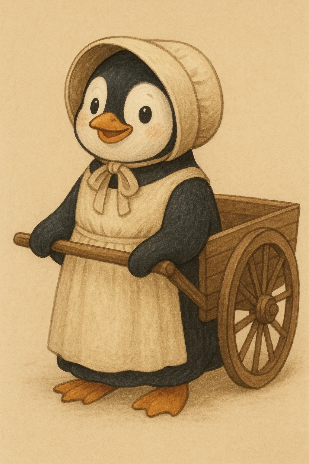 a friendly penguin dressed as a Mormon pioneer, wearing a bonnet and simple pioneer dress, holding a handcart handle, simple background emoji