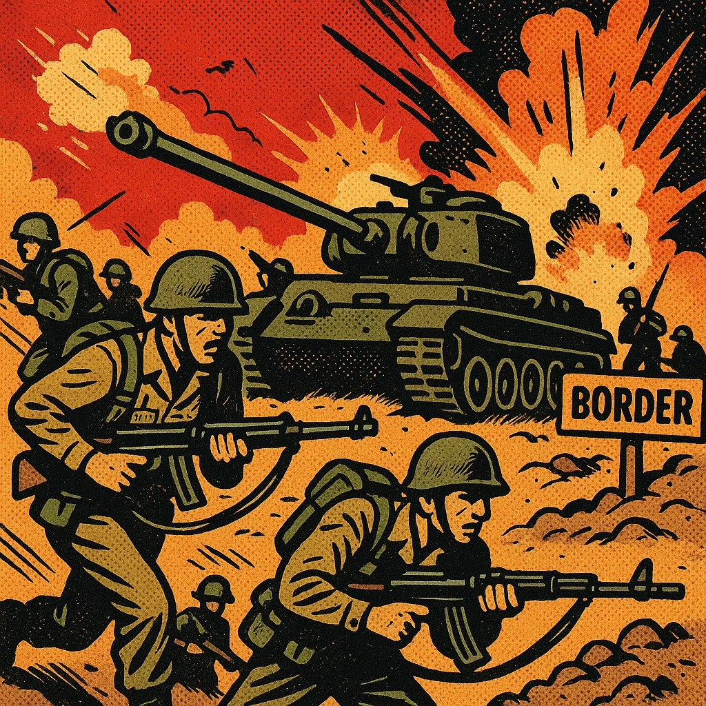 Military tanks and troops with machine guns invading another country in the middle east.  There is a sign saying 'border' in the background and explosions in the background. emoji