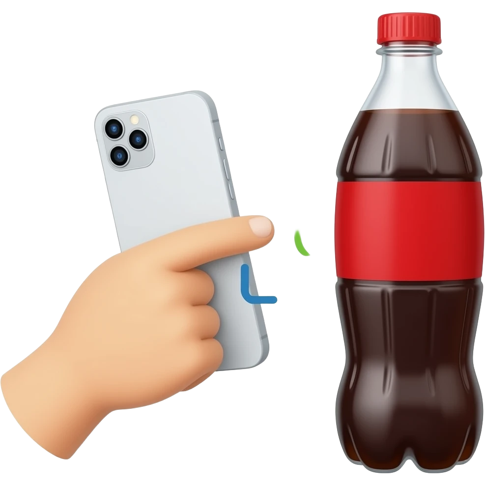 hand gripping a smartphone, phone camera pointed at a soda bottle , scanning action, no text emoji