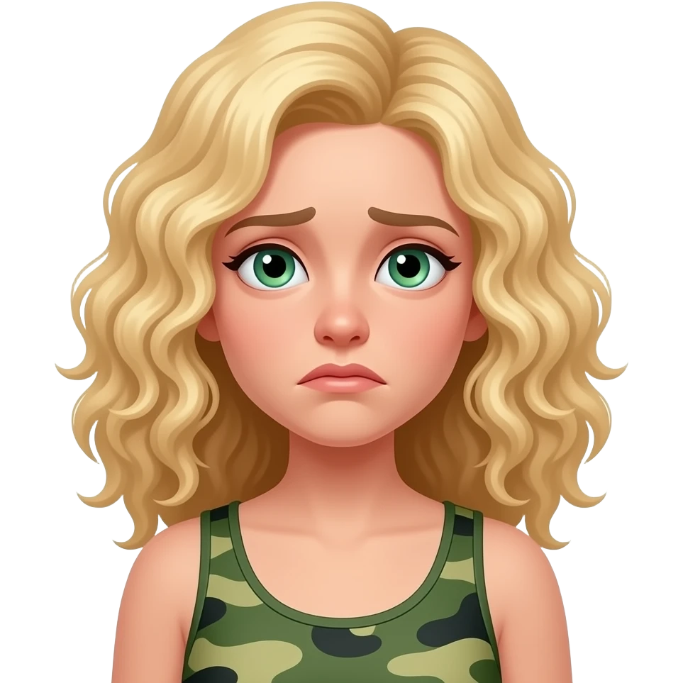 Depressed woman, blonde curly hair , green and blueish eyes, wearing a current tank top in camo green emoji