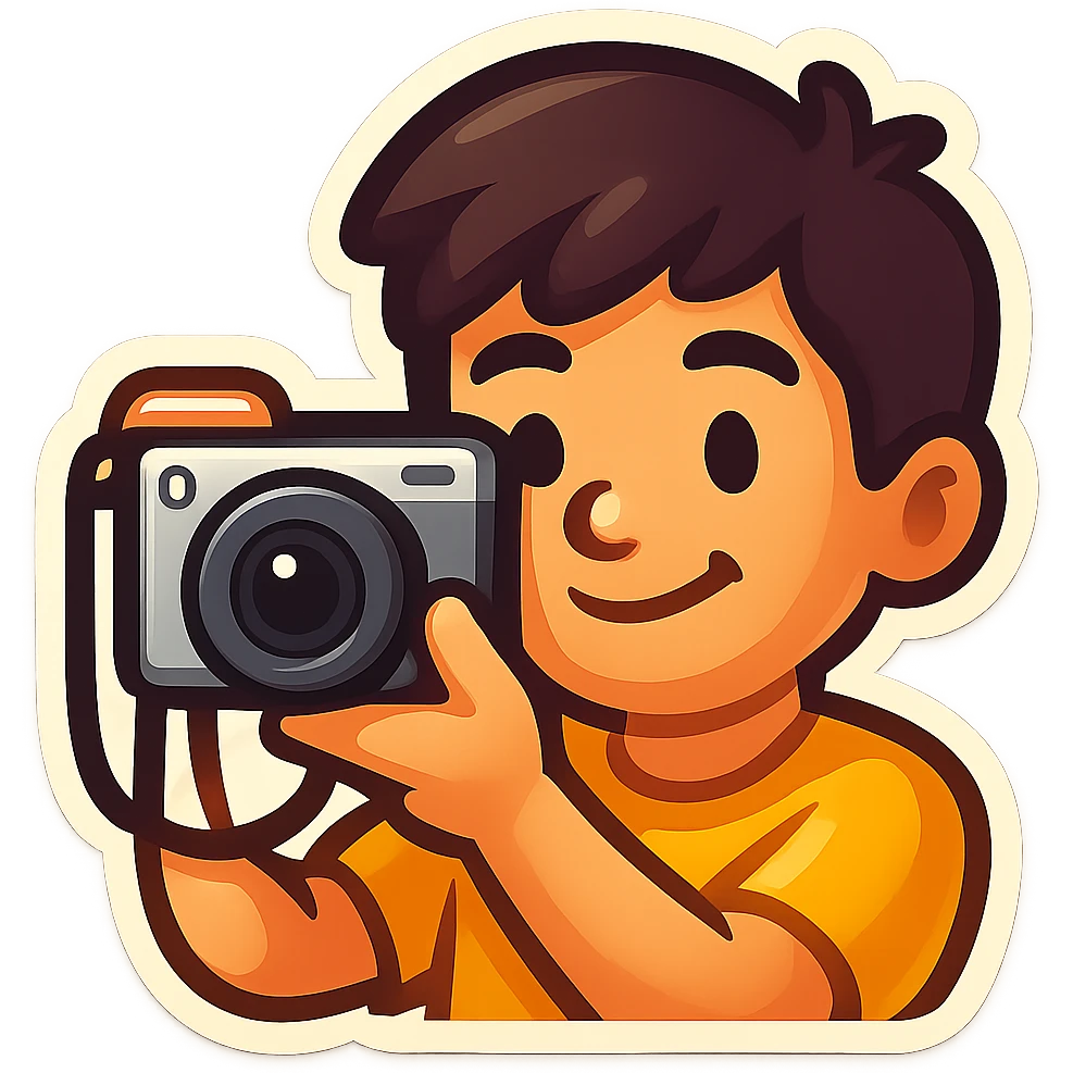 Turn this photo of a person holding a camera into a simplified, expressive emoji with a friendly, cartoon-like style focusing on the camera. Use a transparent background. emoji