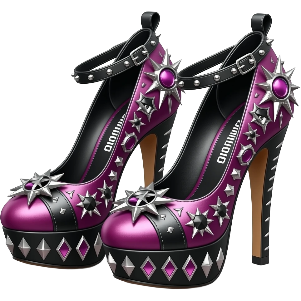 Hyperrealistic pair of 3d rendering isolated, 6 inch high heel shoes in a feminine punk rocker appearance and vibe,  feminine punk color scheme and punk rocker style embellishments that are highly detailed, 8k resolution, 600 dpi. Must contain no emoji icons no emoji faces  emoji
