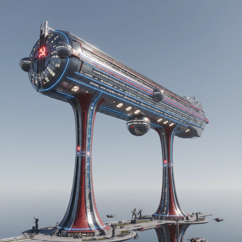 Небоскреб как будто из альтернативного СССР будущего. Два высоких небоскреба в основании, стоят далеко друг от друга, как. На них лежит огромный горизонтальный небоскреб, очень длинный в обе стороны.

Все остальное убери, облака не нужны. Фотореализм. Абсолютно прозрачный фон emoji