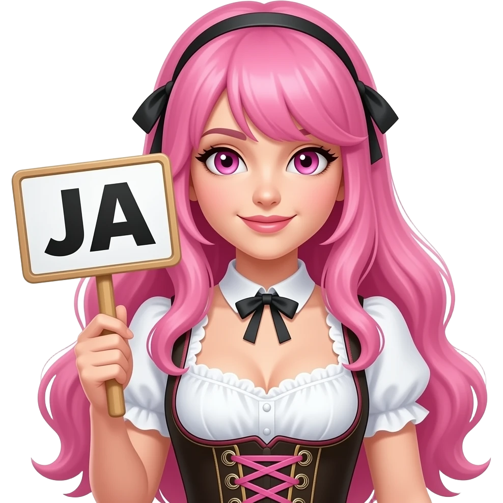 sexy girl with long pink hair and pink eyes wearing a dirndl holding a JA sign emoji