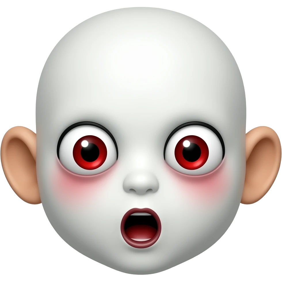 사악한 흰  피부. 붉은동공. 살색 큰 귀. 큰 눈. 붉은 눈. 붉은 홍조. O표정. emoji
