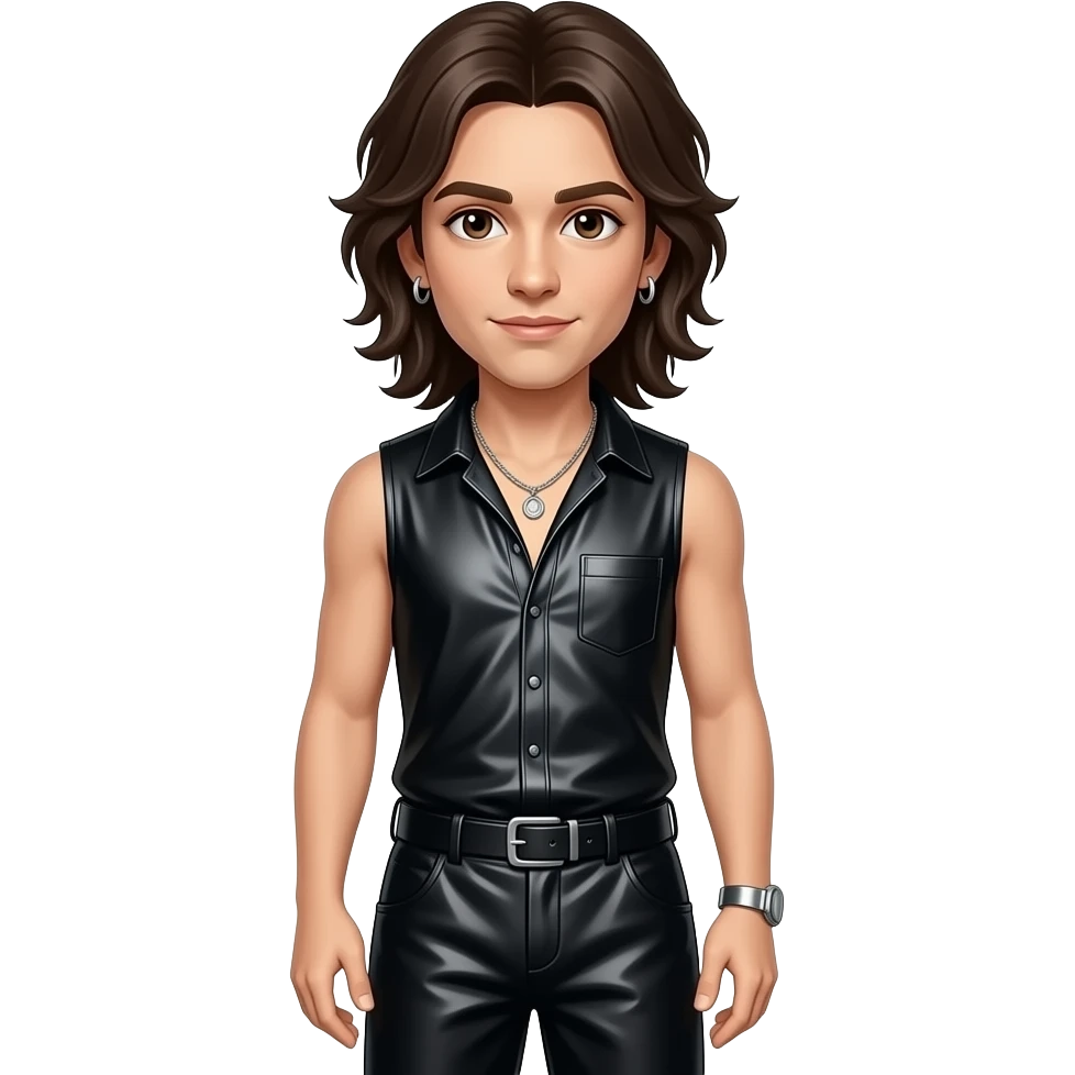 Tom Kaulitz with brown eyes, long dark brown hair, black metallic sleeveless shirt, black metallic baggy pants, silver necklace and earrings emoji