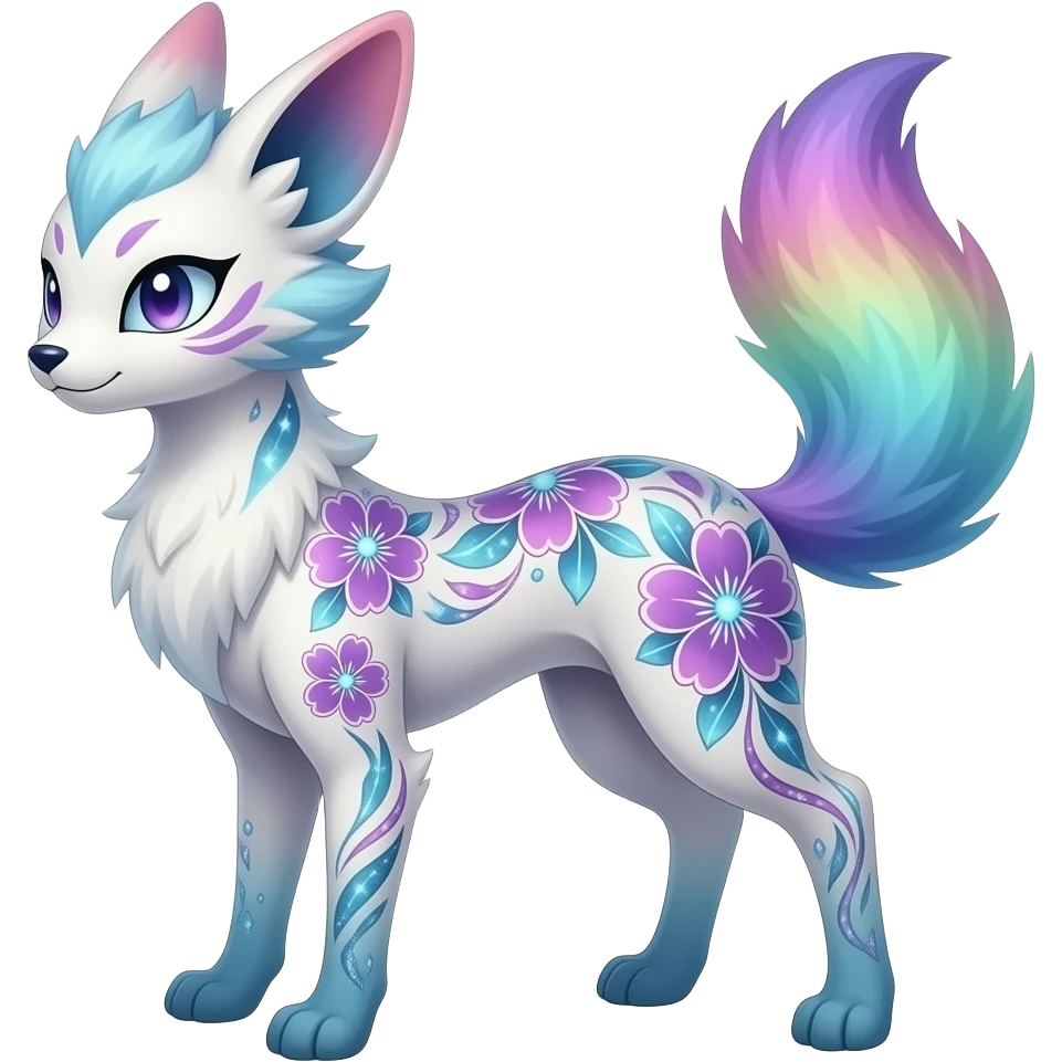 Auroral fuzzy Slim thin gradient-colored sparkly tattooed floral lanky scrawny tall elegant oriental feral painted Asian Absol-Glaceon-Sylveon-fusion-hybrid-creature emoji