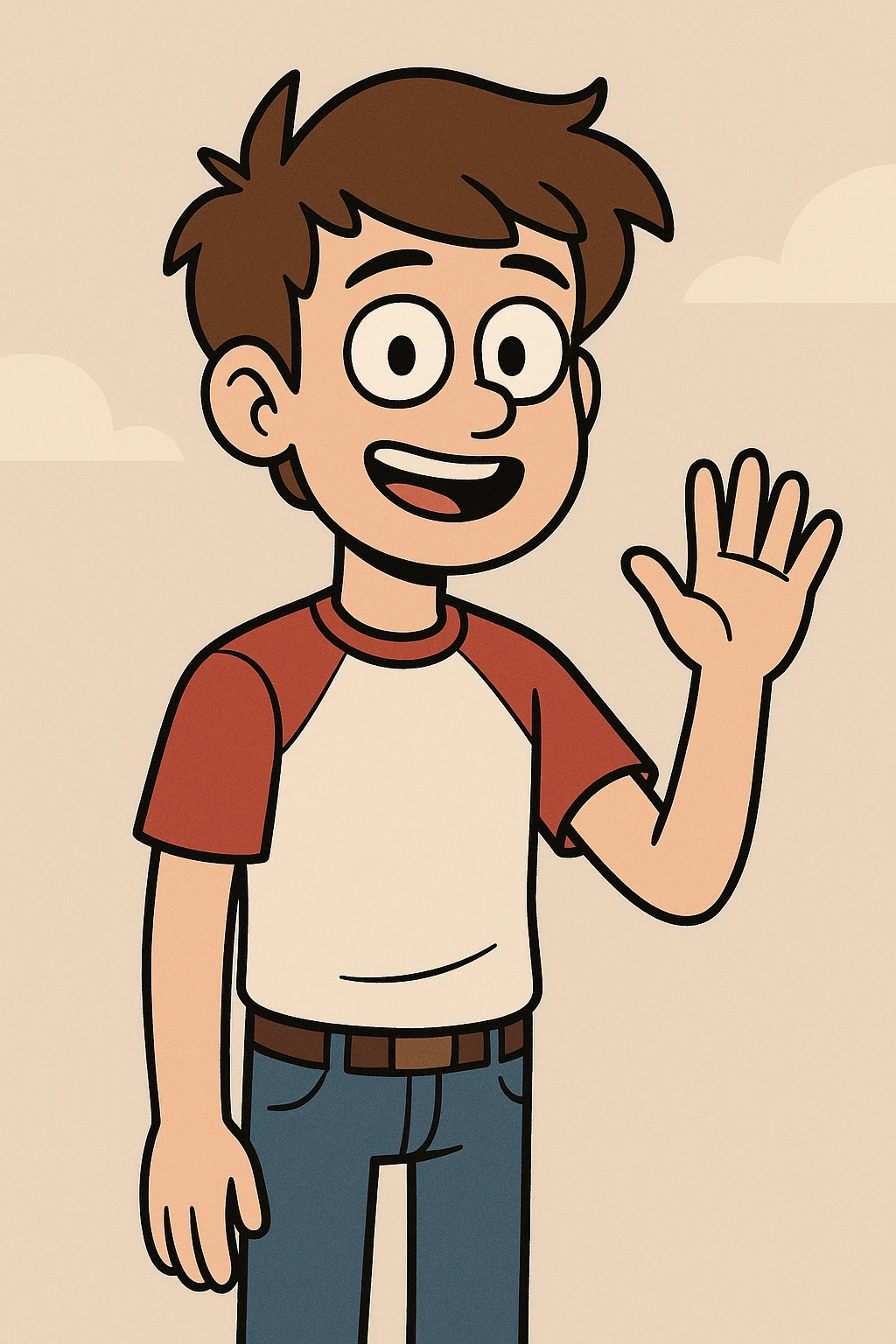 A boy brown hair black eyes red white shirt blue jeans a hand hello  emoji