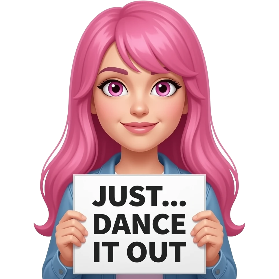 sexy girl with long pink hair and pink eyes wearing a holding a JUST... DANCE IT OUT sign emoji