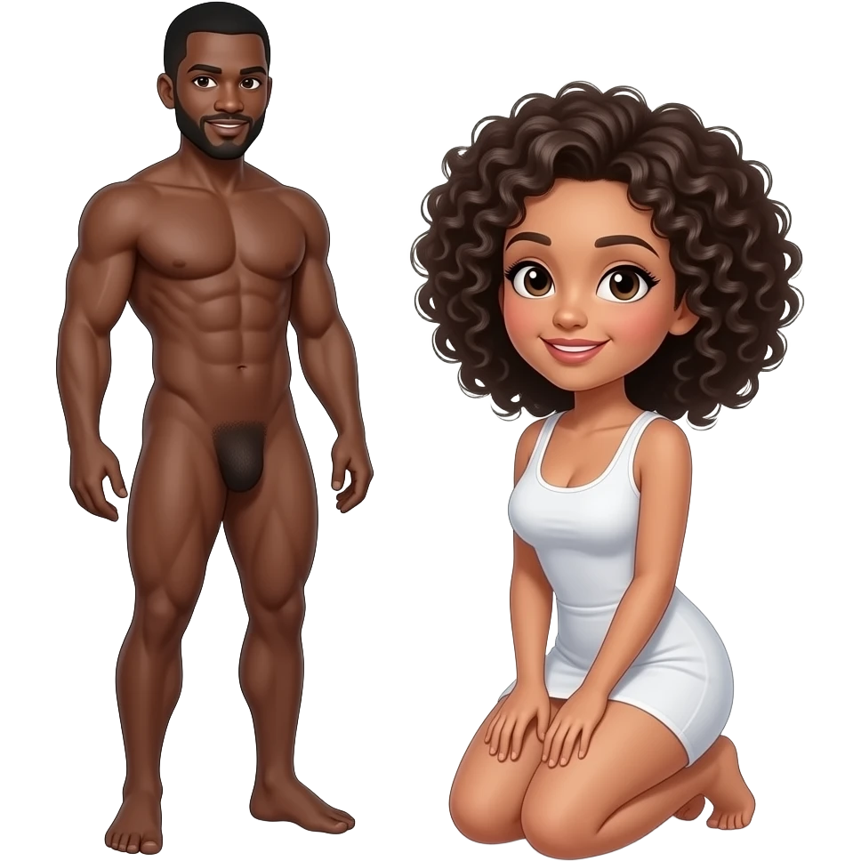 One Black men with a big dick naked standing up in front of white bitch with no clothes and curly black hair on knees emoji