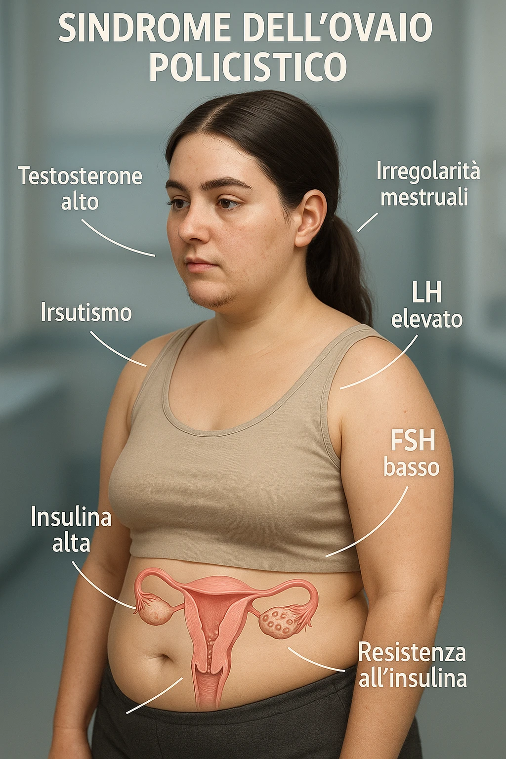 medical 3D vertical image 2:3 representing a woman with PCOS clearly showing imbalance of main hormones testosterone, LH, FSH, insulin and problems they can cause, clinical atmosphere, realistic details, captions in Italian emoji