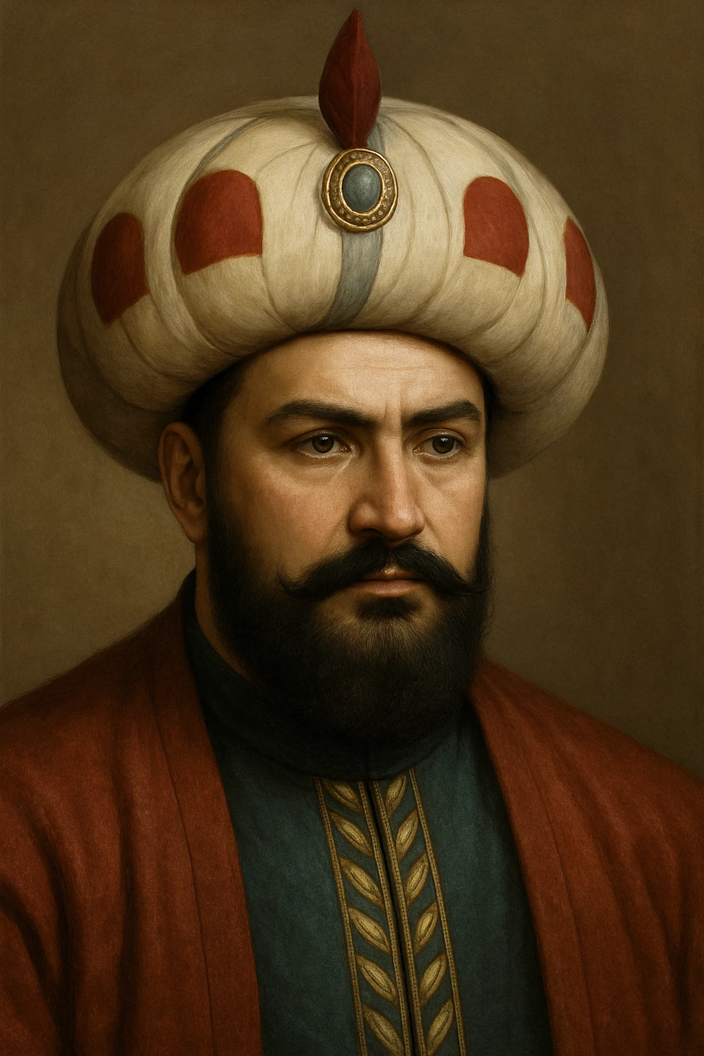 Make this contemporary art style head of Sultan Murad IV more realistic, with authentic Ottoman features, realistic textures, and a dignified expression. Render as a lifelike portrait with historical accuracy. emoji