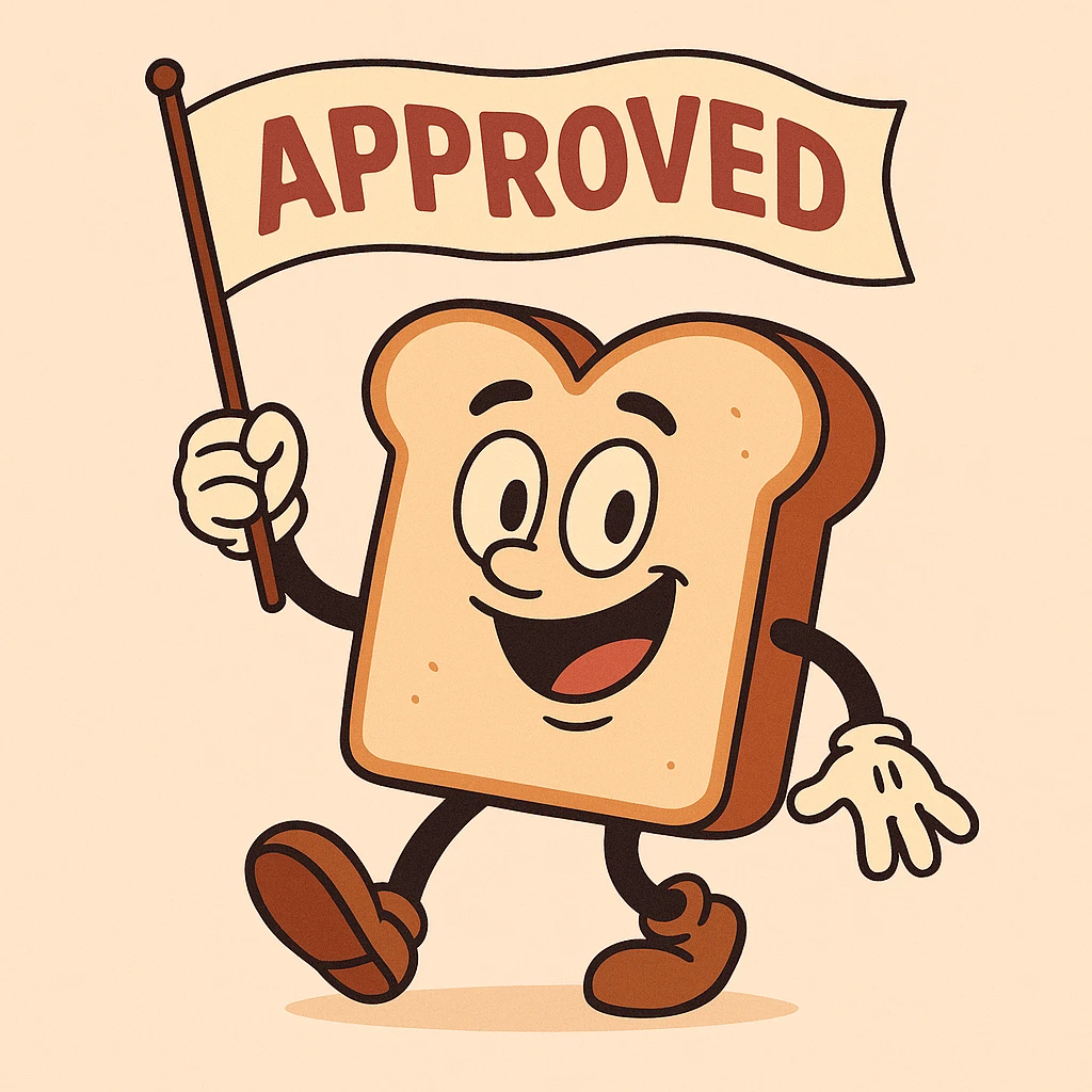 friendly toast mascot holding a waving 'APPROVED' banner, bright and inviting, perfect for an avatar emoji