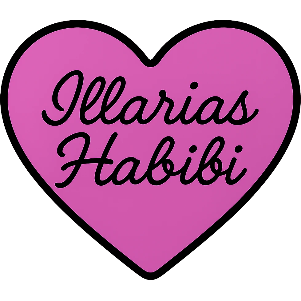 Change the font of the text 'Illarias Habibi' to a script or handwritten style, keeping the black and purple heart design with no background. emoji