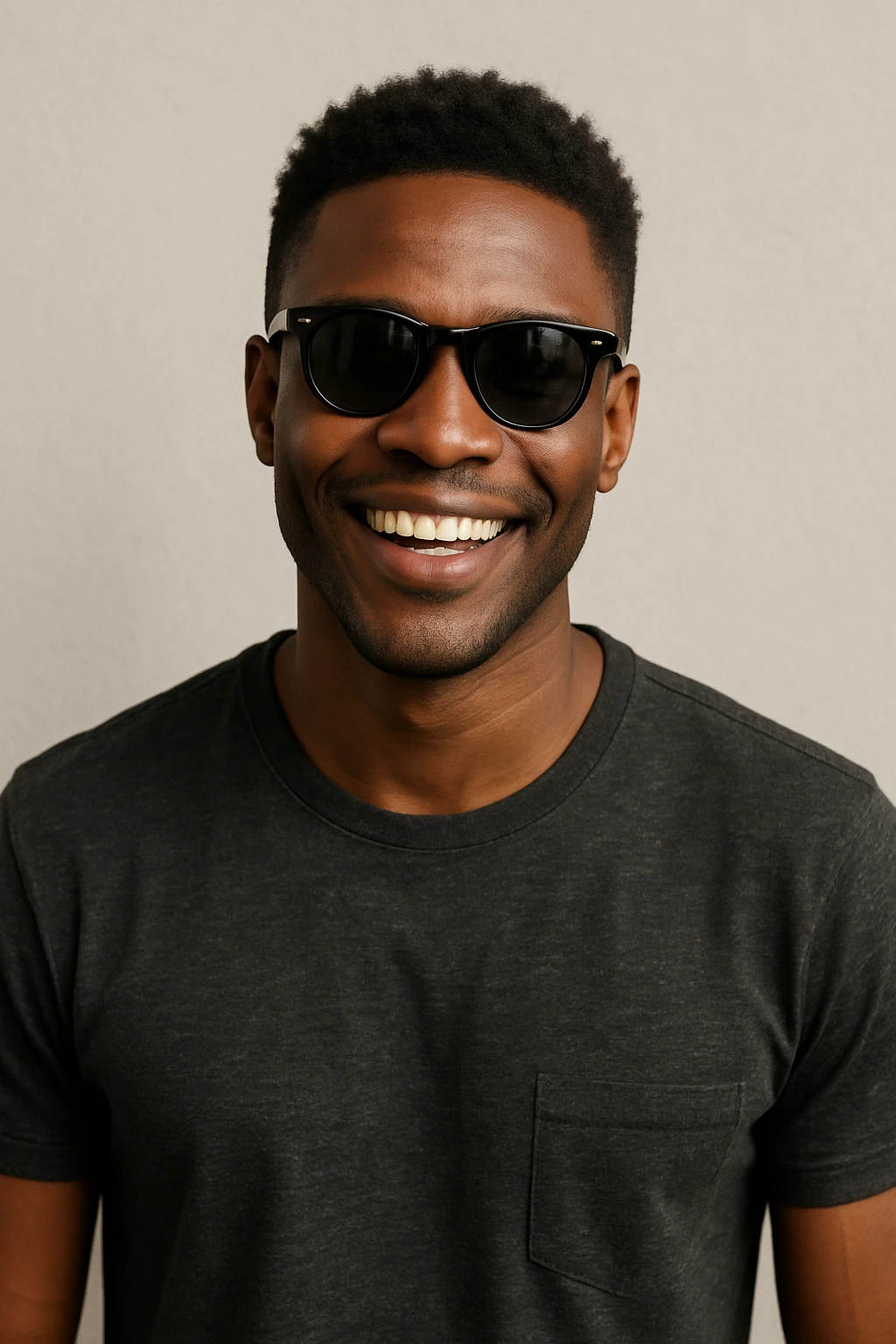 black man with sunglasses, smiling, casual look, neutral background emoji
