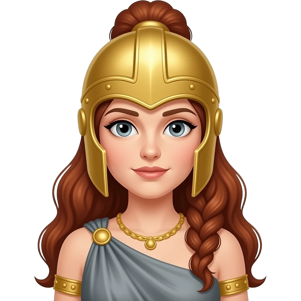 Minerva from Roman Mythology with grey eyes, long auburn spiral updo hair, grey peplos, gold armor and helmet emoji