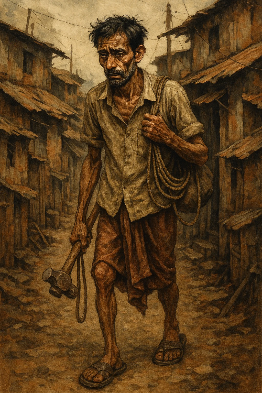 expressive illustration of a struggling Indian father, thin and tired, walking to work in old sandals, carrying tools, slum background emoji