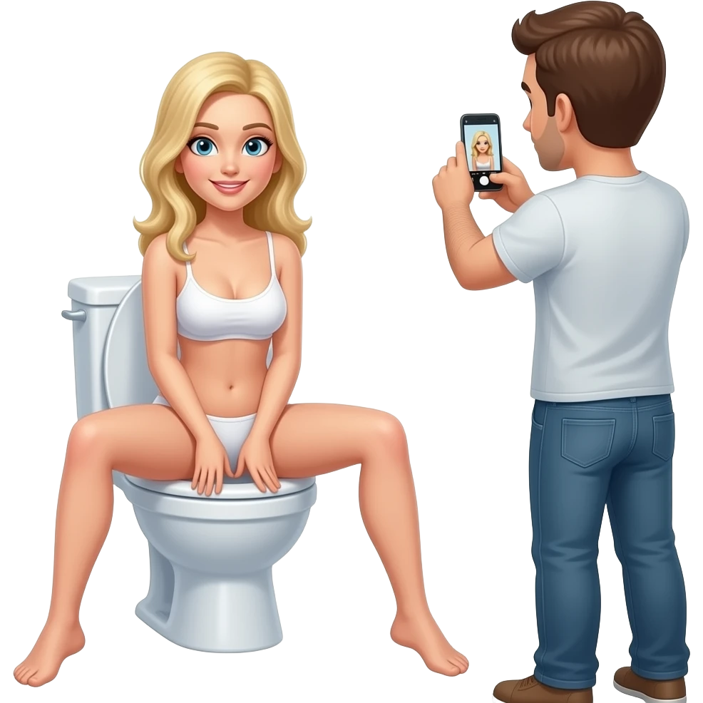 A naked white blonde woman sits on the toilet taking a picture of her crotch. She is looking at the camera. A man takes a picture. Her legs are spread emoji