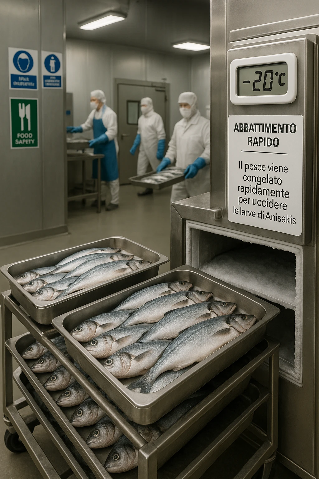 a fish processing facility where freshly caught fish are placed on trays and moved into a large industrial freezer. A temperature gauge shows -20°C, and an educational label explains that rapid freezing (abbattimento) is used to kill Anisakis larvae. The background includes workers in protective clothing and clear signage about food safety. in italiano emoji