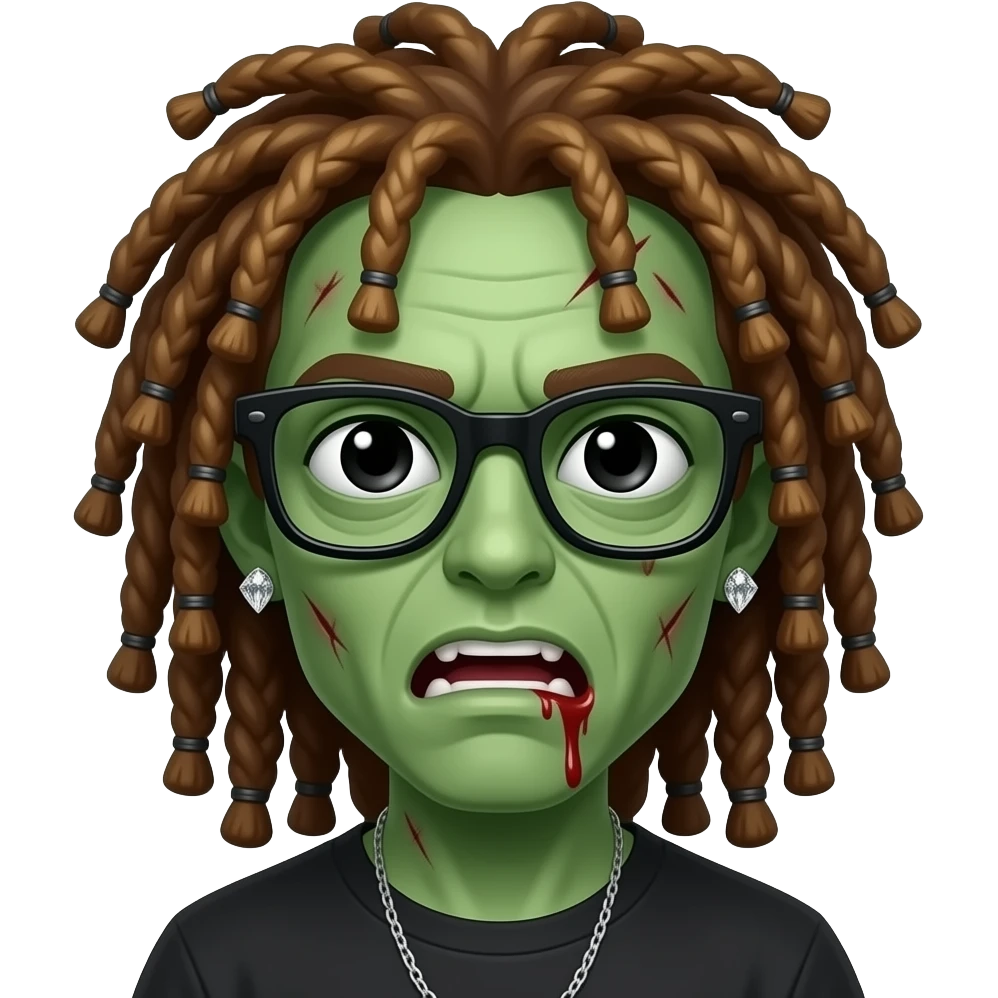 ow quality, green skin zombie, all black eyes, honey brown long dreadlocks 3c type hair, mouth slightly open with blood and scars on head, lunette noir, boucle d'oreille diamant emoji